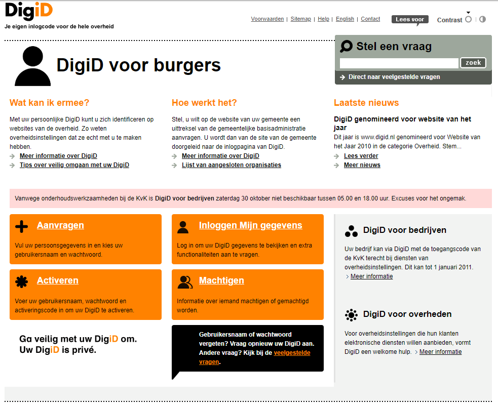 De website van DigiD in 2010